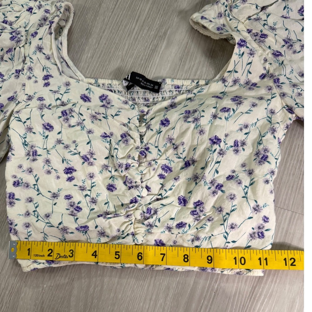 Zara Purple Floral Square Neck Crop Top Long Sleeve Smocked Back XS - Picture 5 of 10